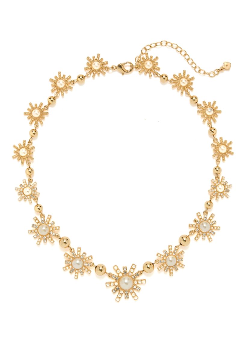 Gold Tone Starburst Pearl Collar Necklace