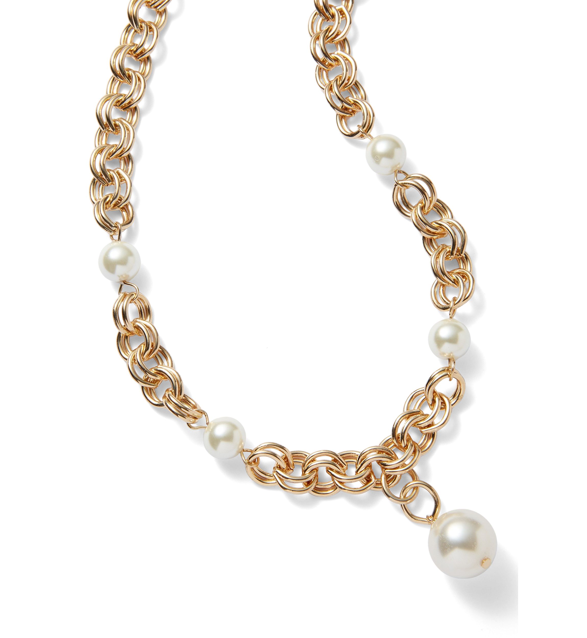 Gold Tone Pearl Link Y Necklace