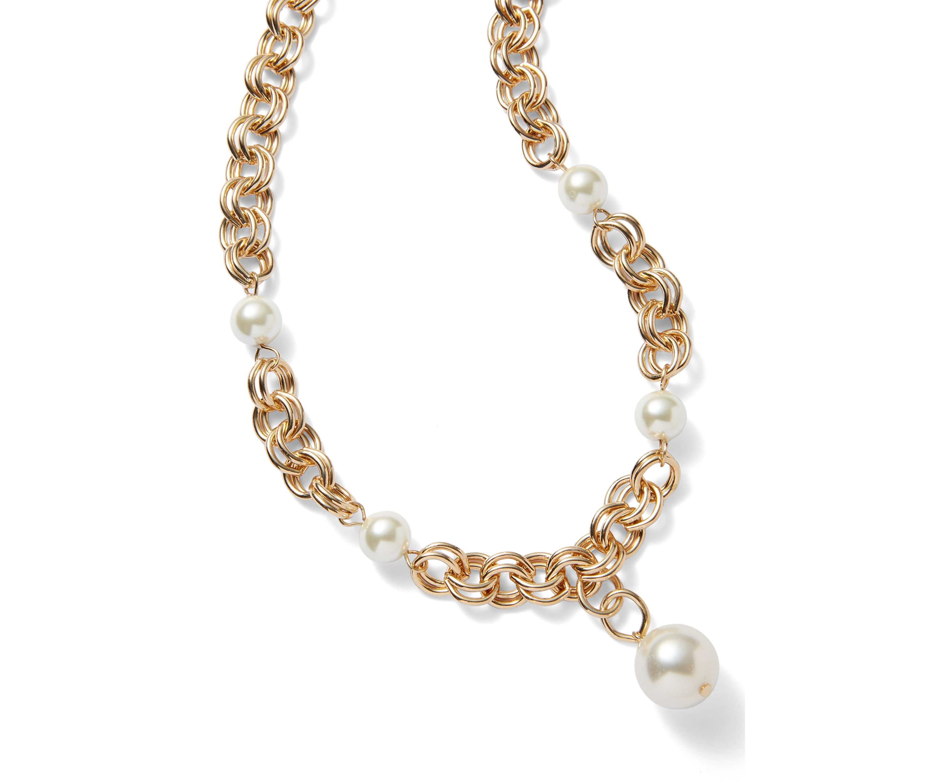 Gold Tone Pearl Link Y Necklace