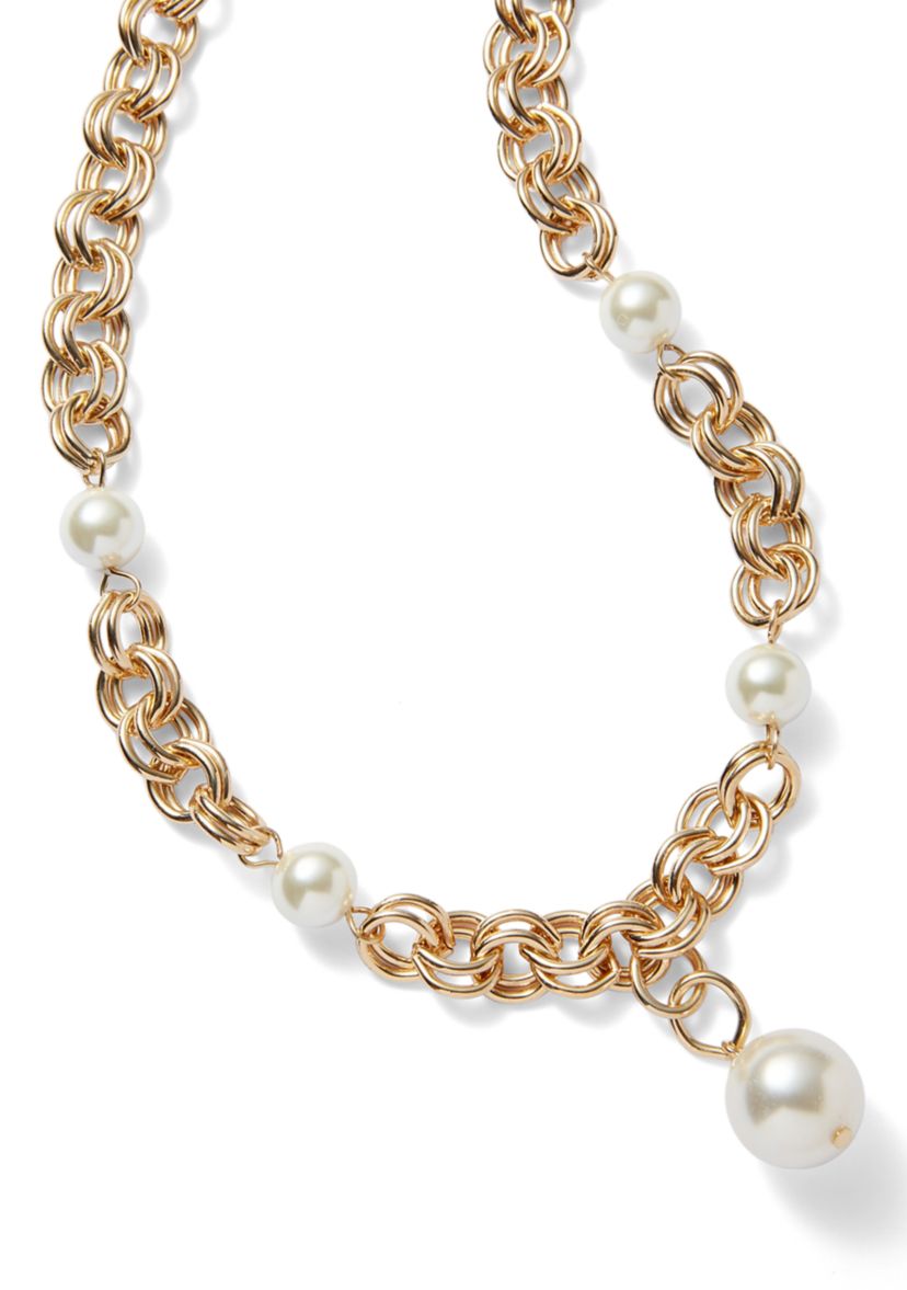 Gold Tone Pearl Link Y Necklace