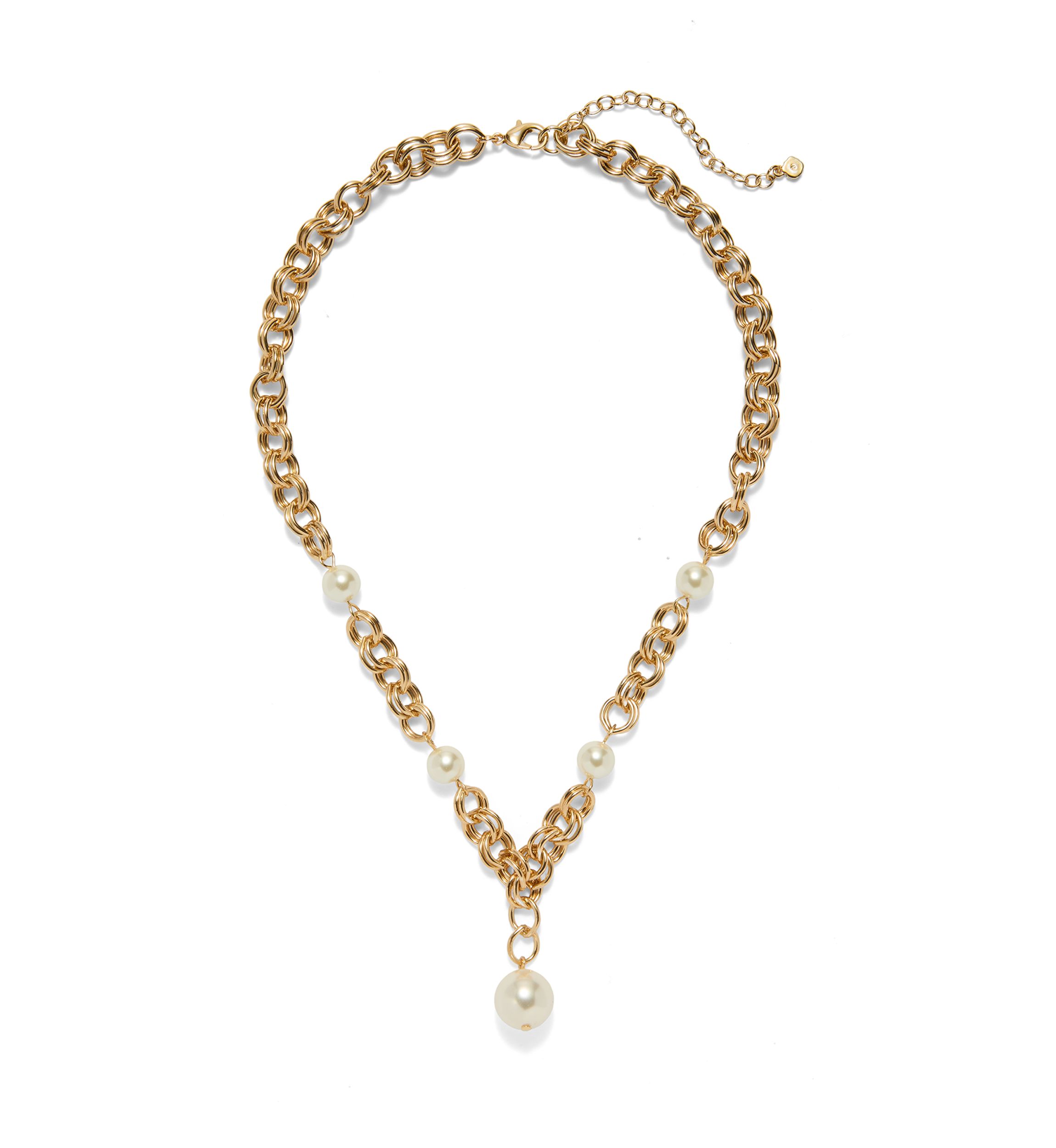Gold Tone Pearl Link Y Necklace