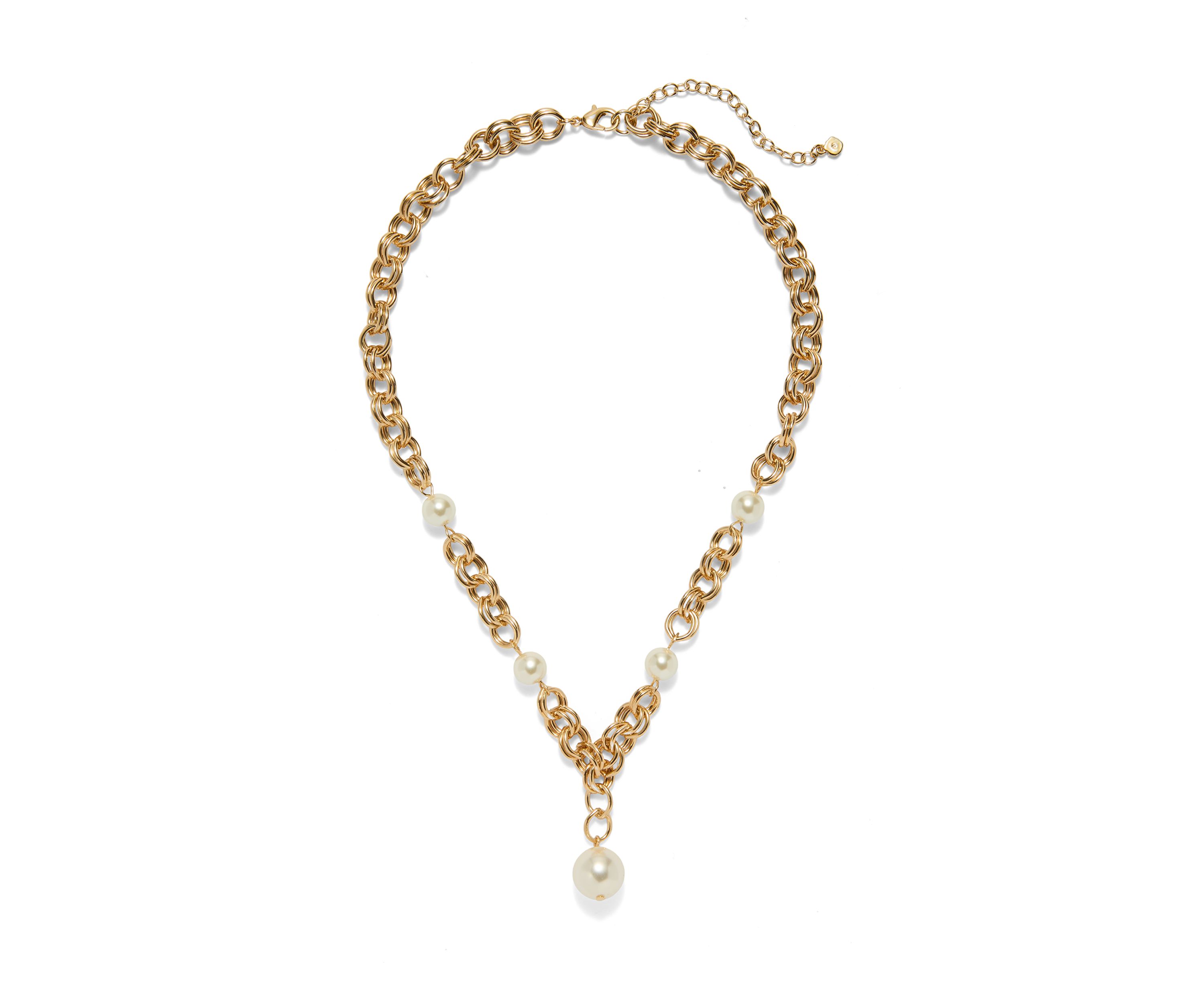 Gold Tone Pearl Link Y Necklace