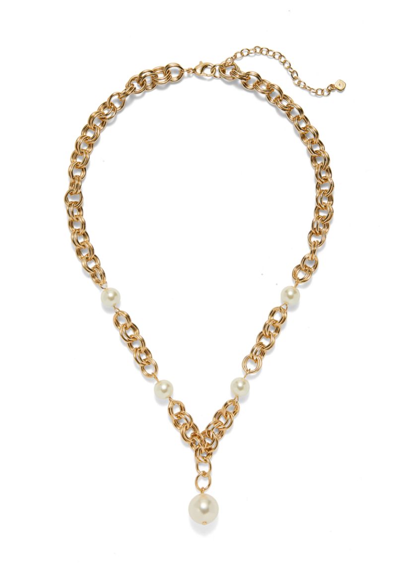 Gold Tone Pearl Link Y Necklace