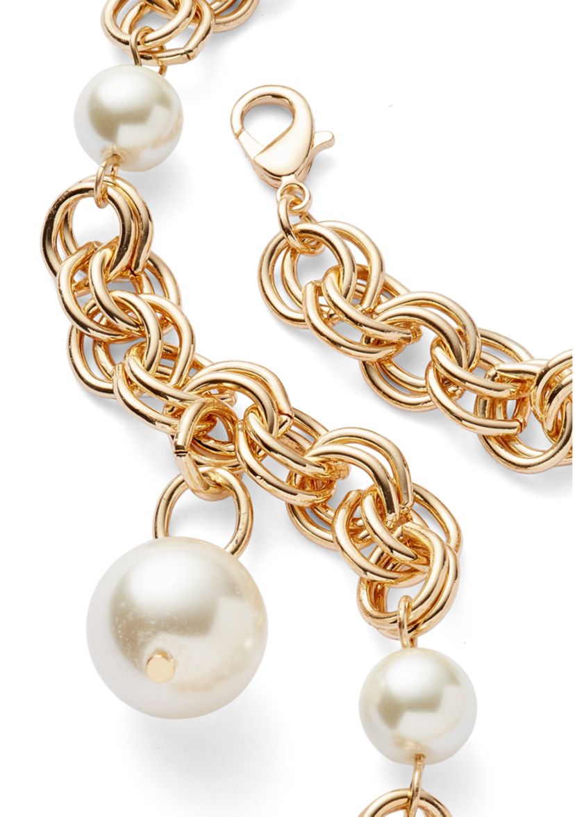 Gold Tone Pearl Link Y Necklace