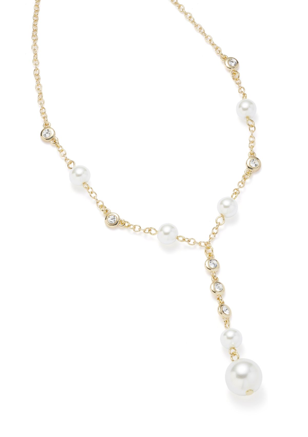 Gold Tone Pearl Bezel Y Necklace