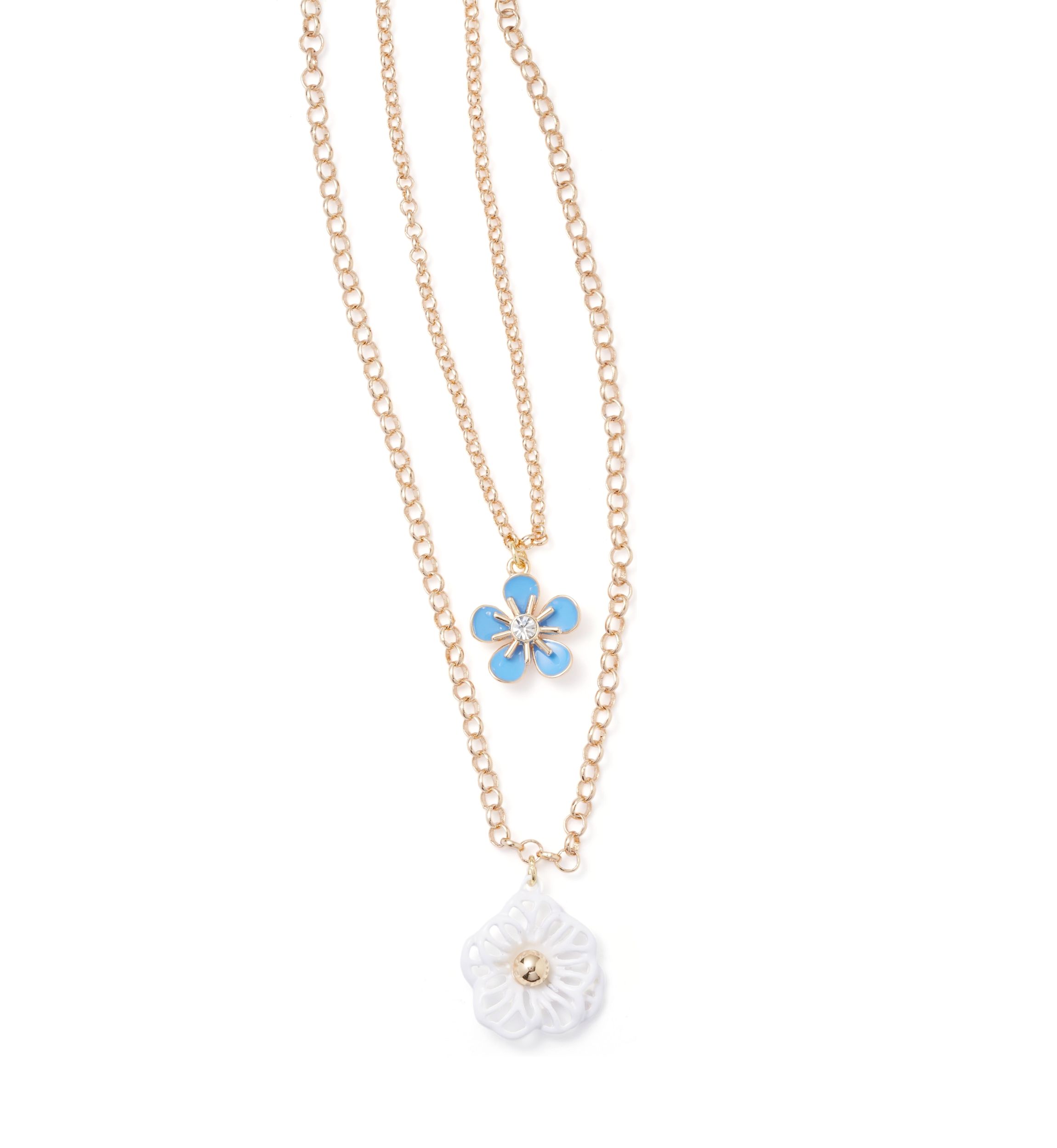 Gold Tone Blue Flower Multi Row Necklace