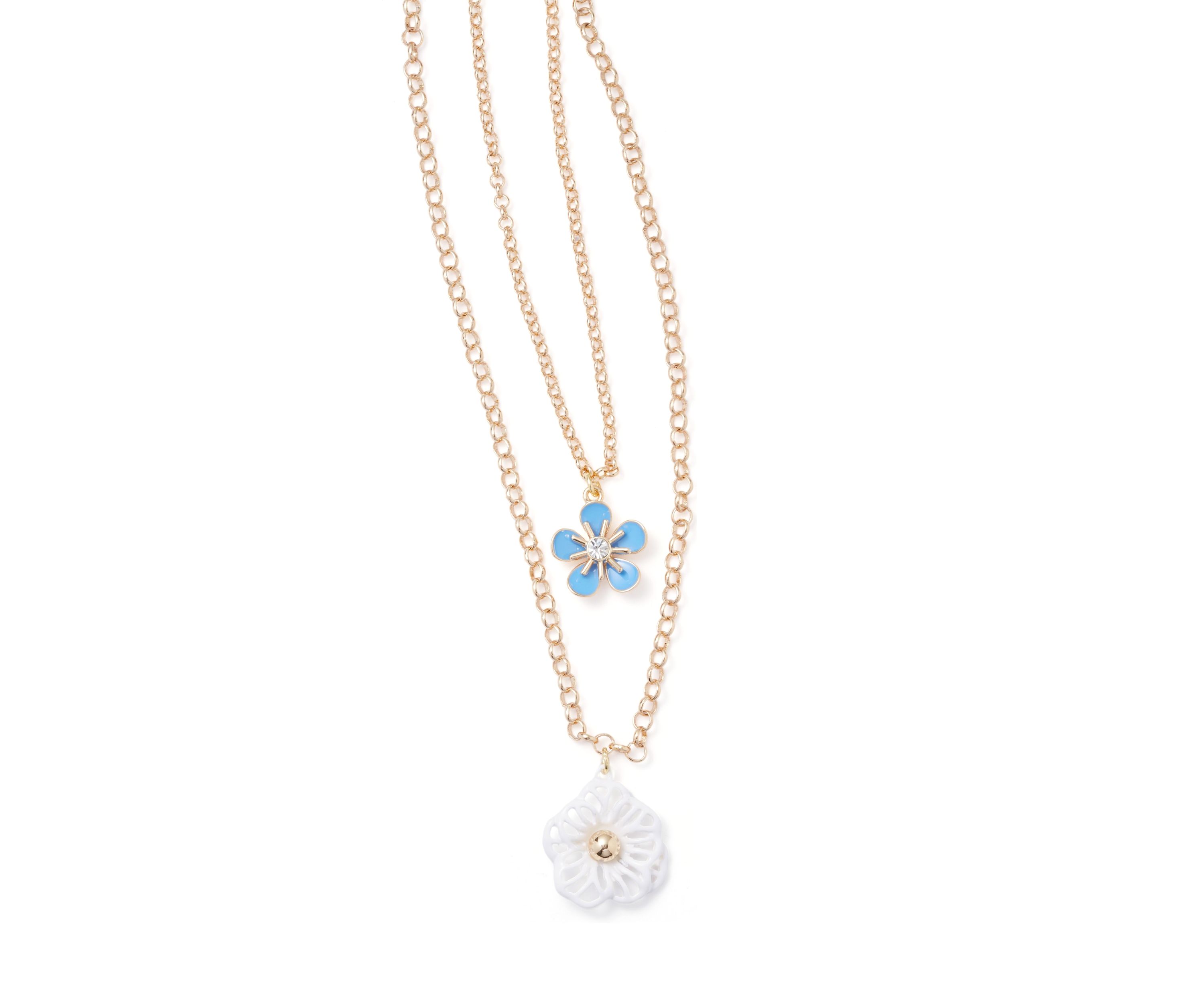 Gold Tone Blue Flower Multi Row Necklace