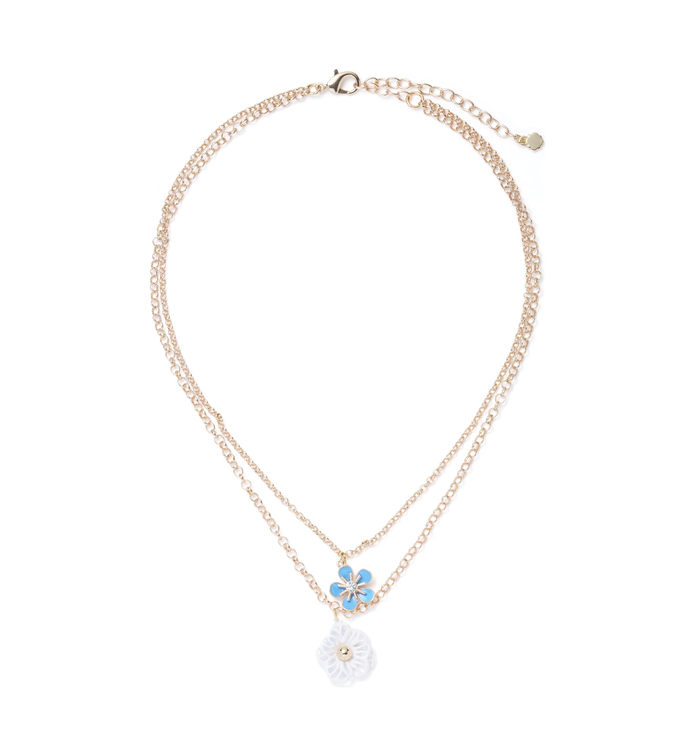 Gold Tone Blue Flower Multi Row Necklace