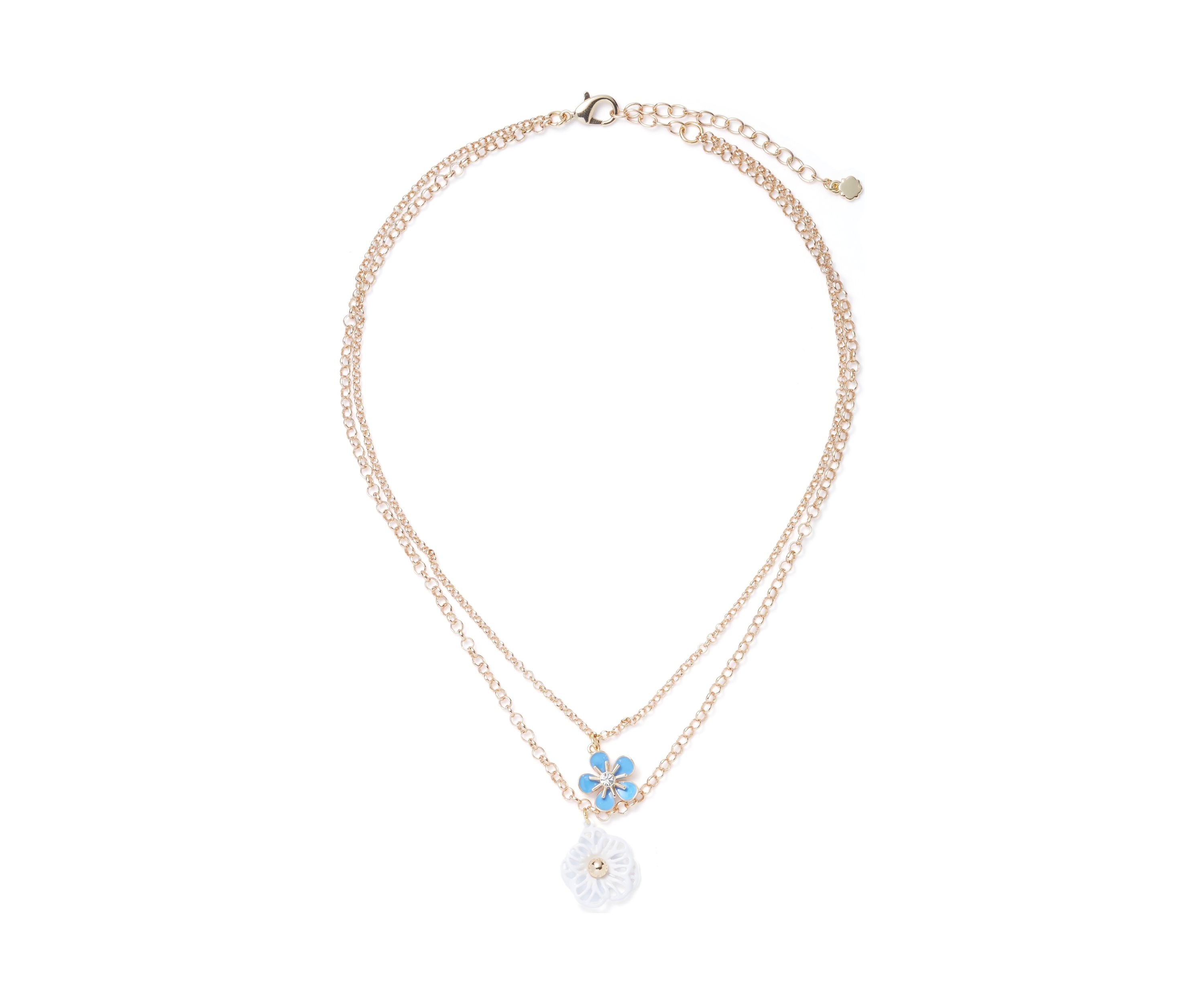 Gold Tone Blue Flower Multi Row Necklace