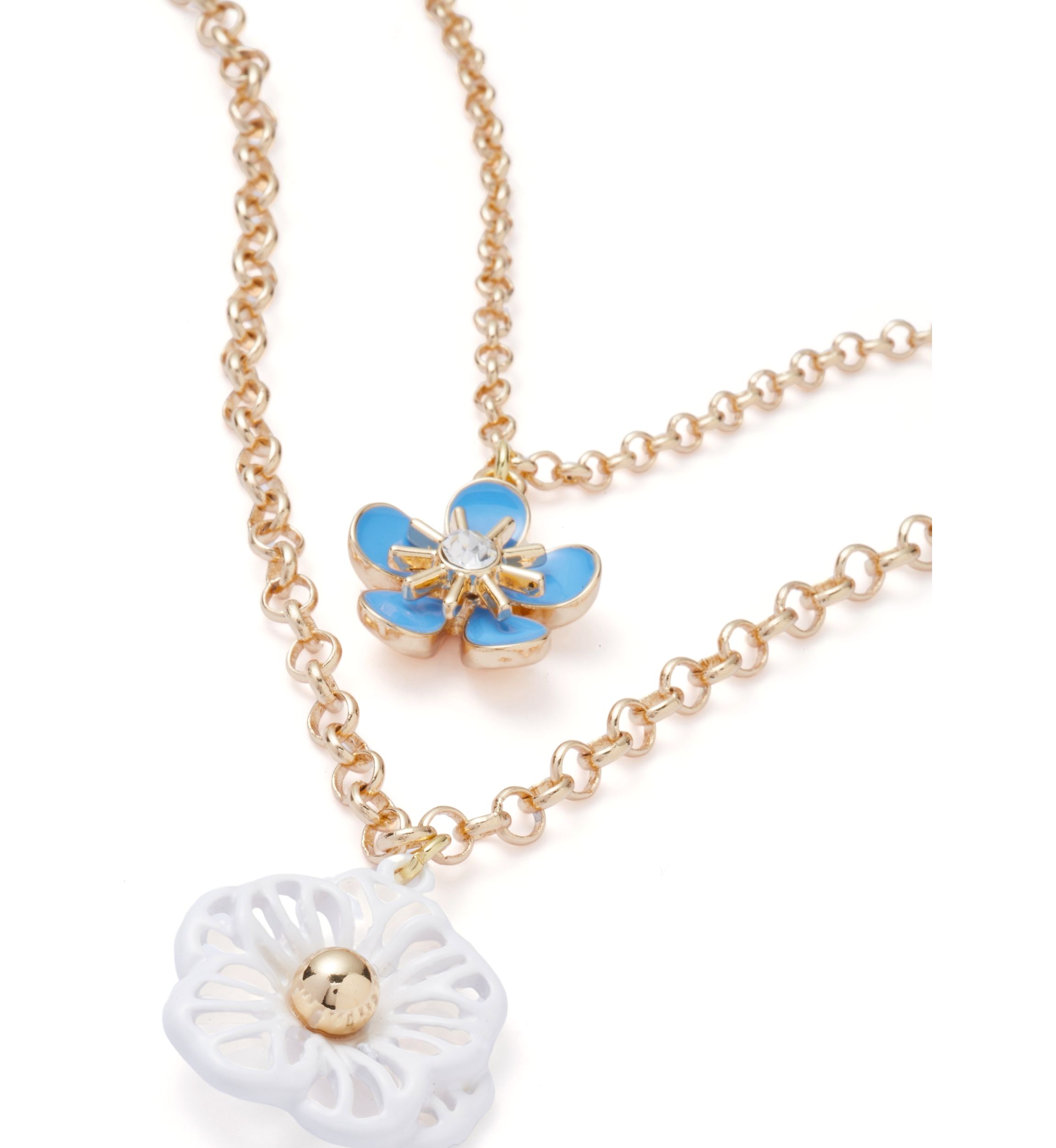 Gold Tone Blue Flower Multi Row Necklace