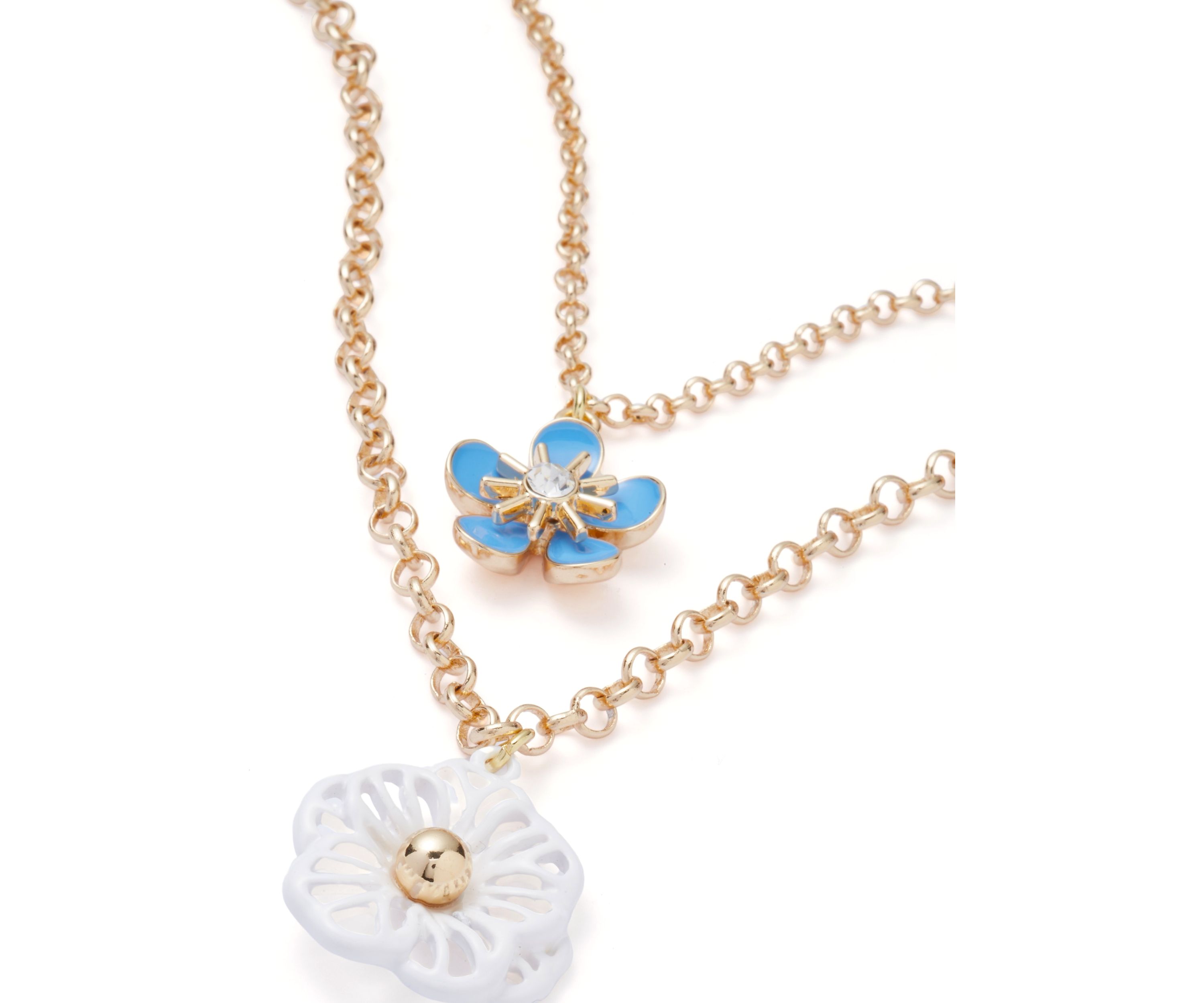 Gold Tone Blue Flower Multi Row Necklace