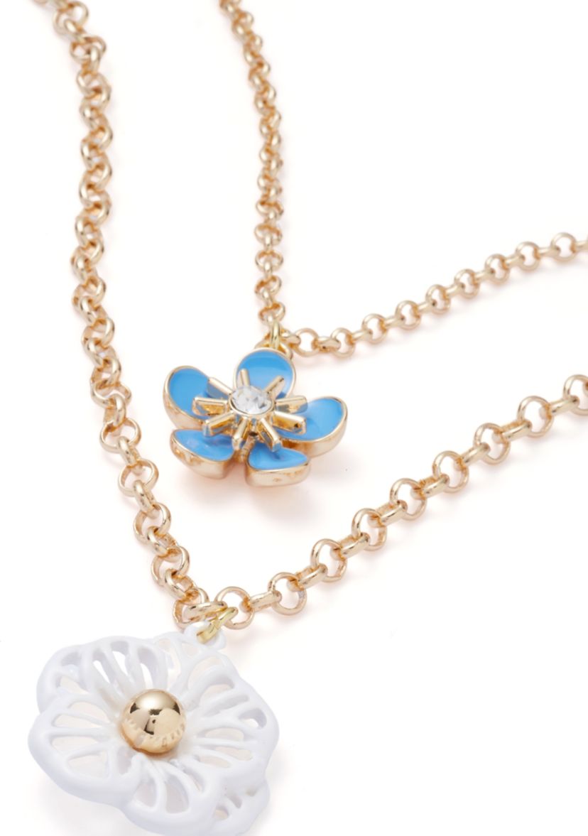 Gold Tone Blue Flower Multi Row Necklace