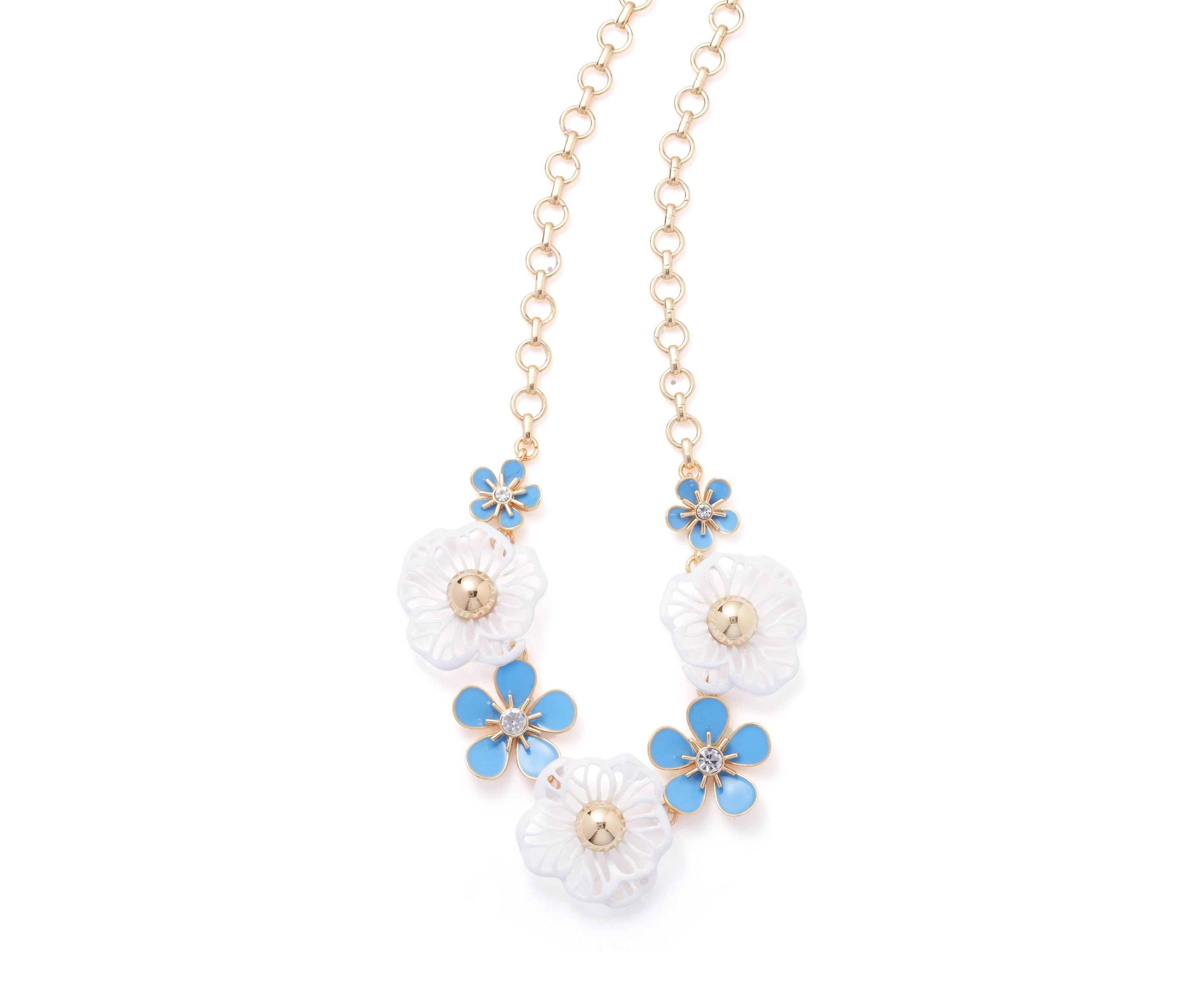 Gold Tone Blue Enamel Flower Frontal Necklace