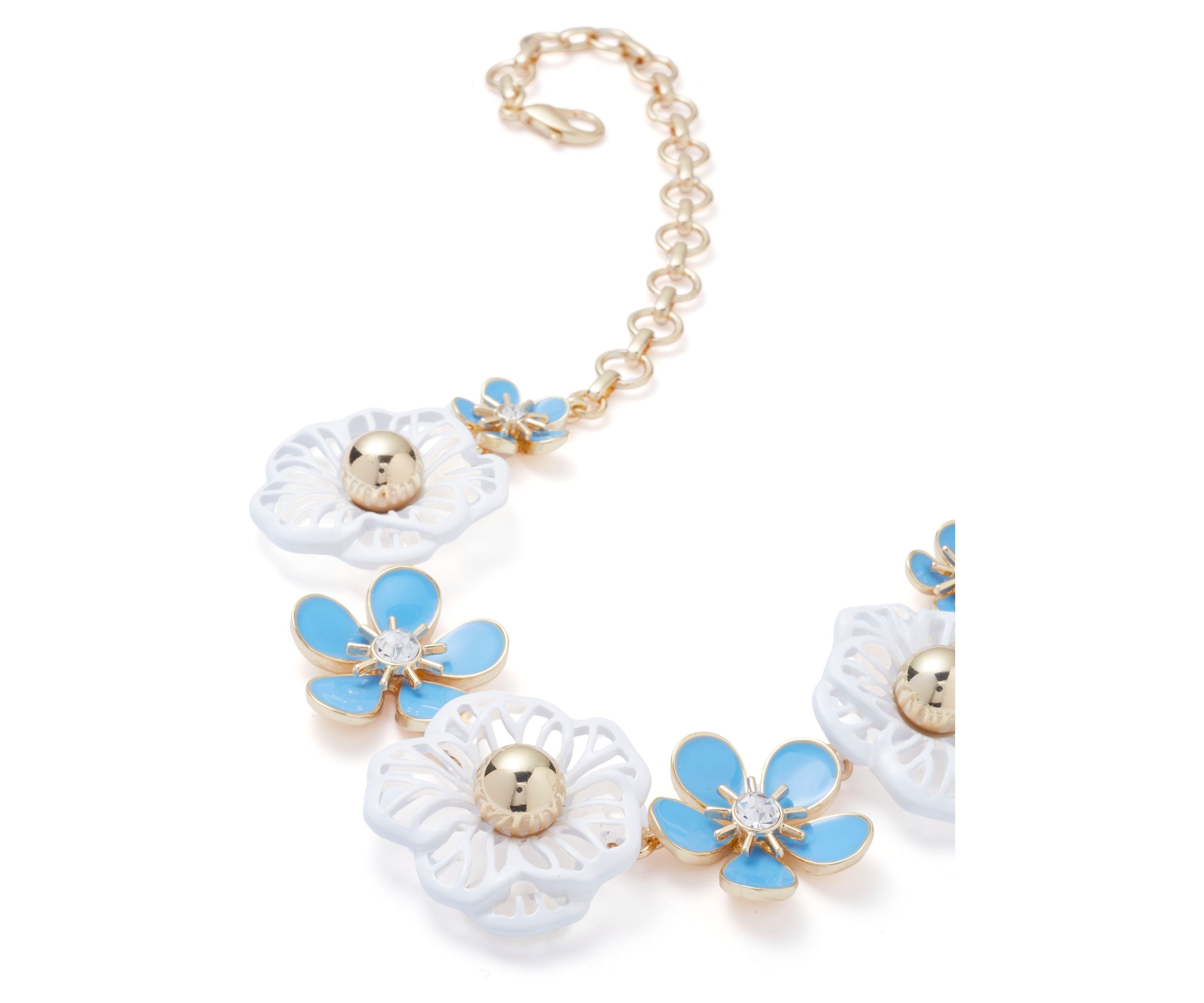 Gold Tone Blue Enamel Flower Frontal Necklace