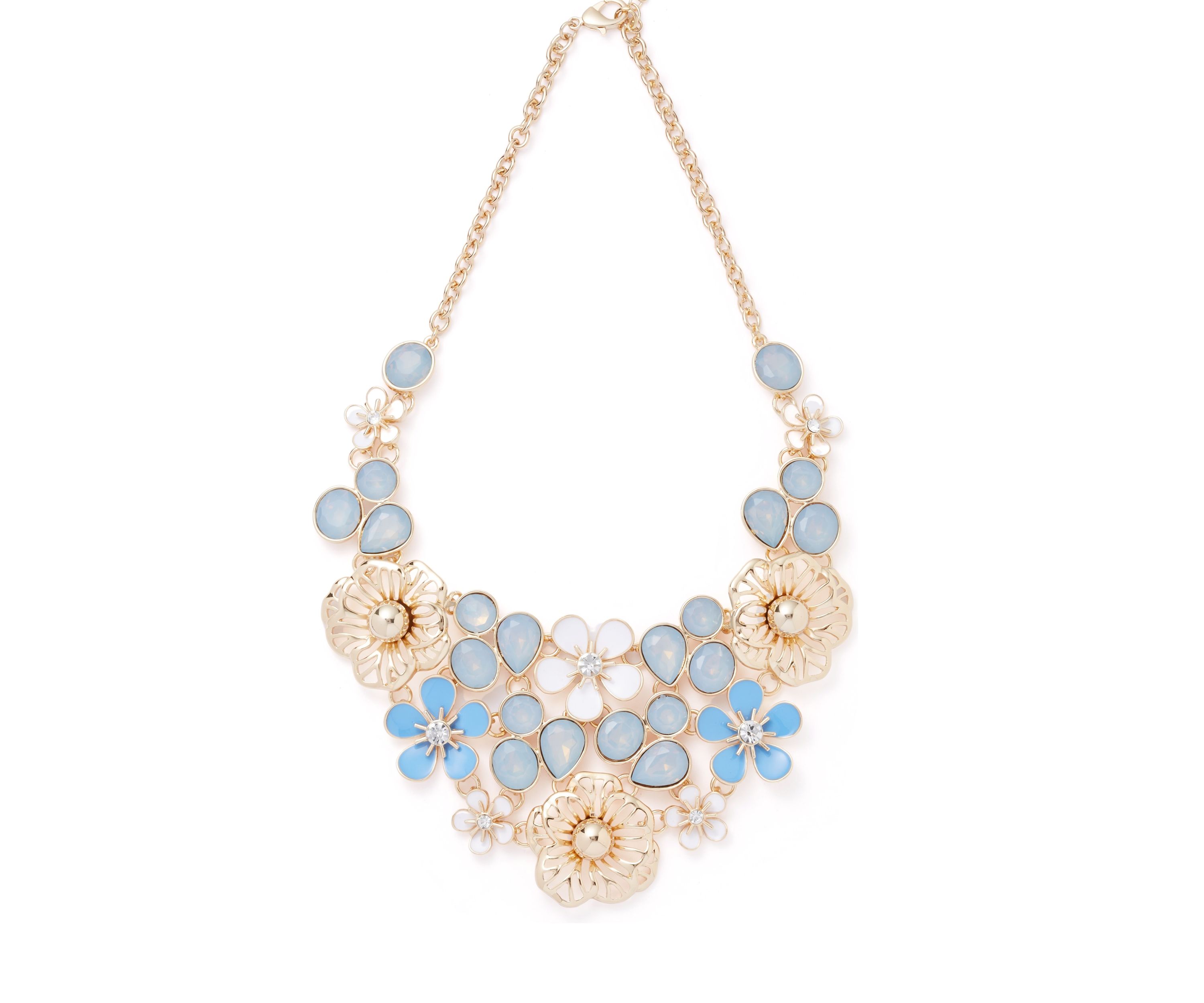 Gold Tone Blue Flower Drama Frontal Necklace