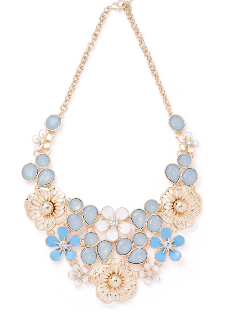 Gold Tone Blue Flower Drama Frontal Necklace