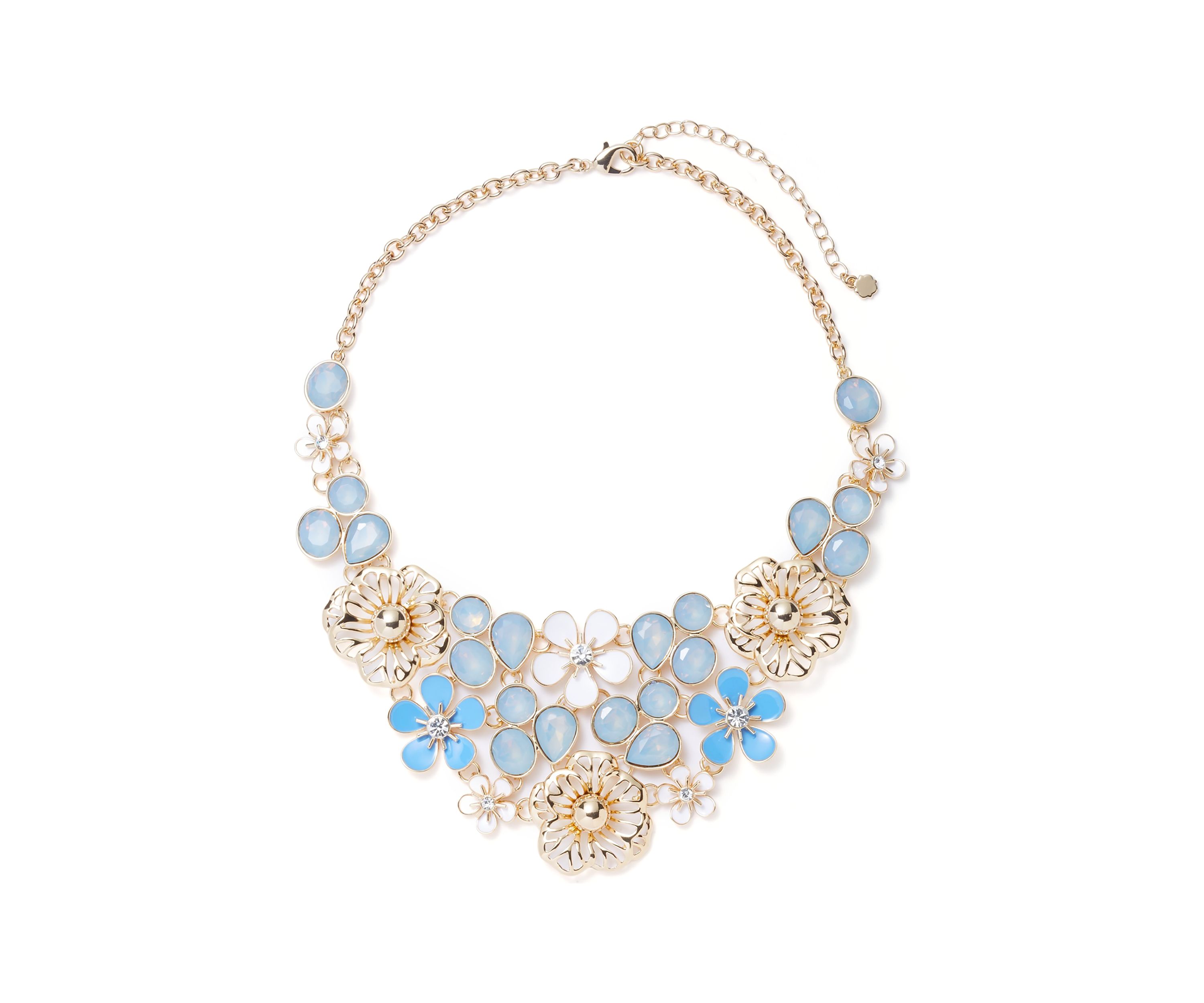Gold Tone Blue Flower Drama Frontal Necklace
