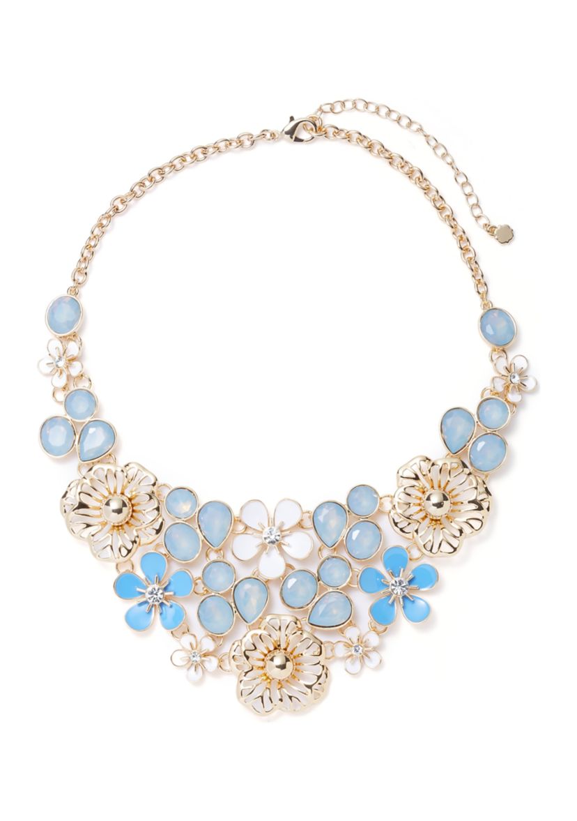 Gold Tone Blue Flower Drama Frontal Necklace