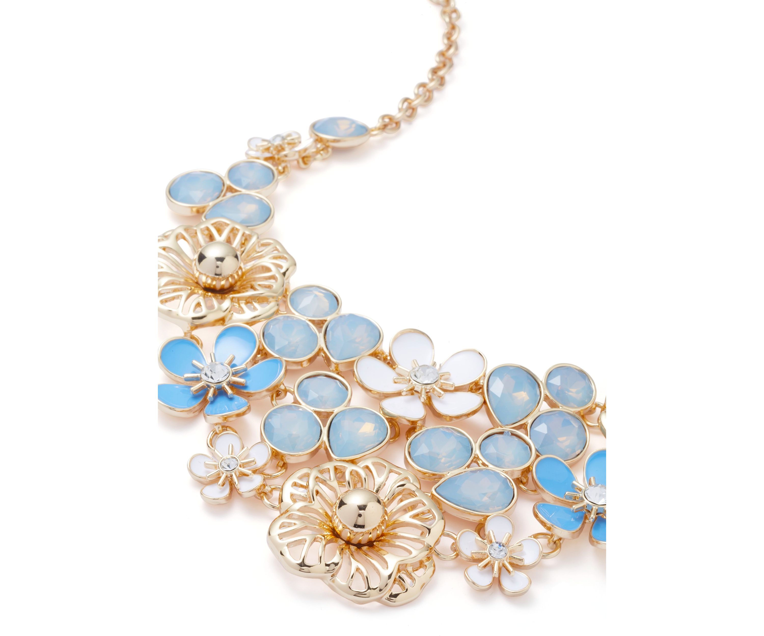 Gold Tone Blue Flower Drama Frontal Necklace