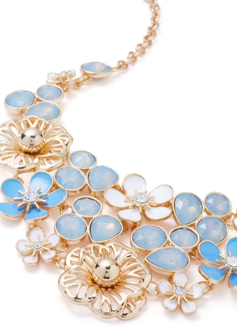 Gold Tone Blue Flower Drama Frontal Necklace