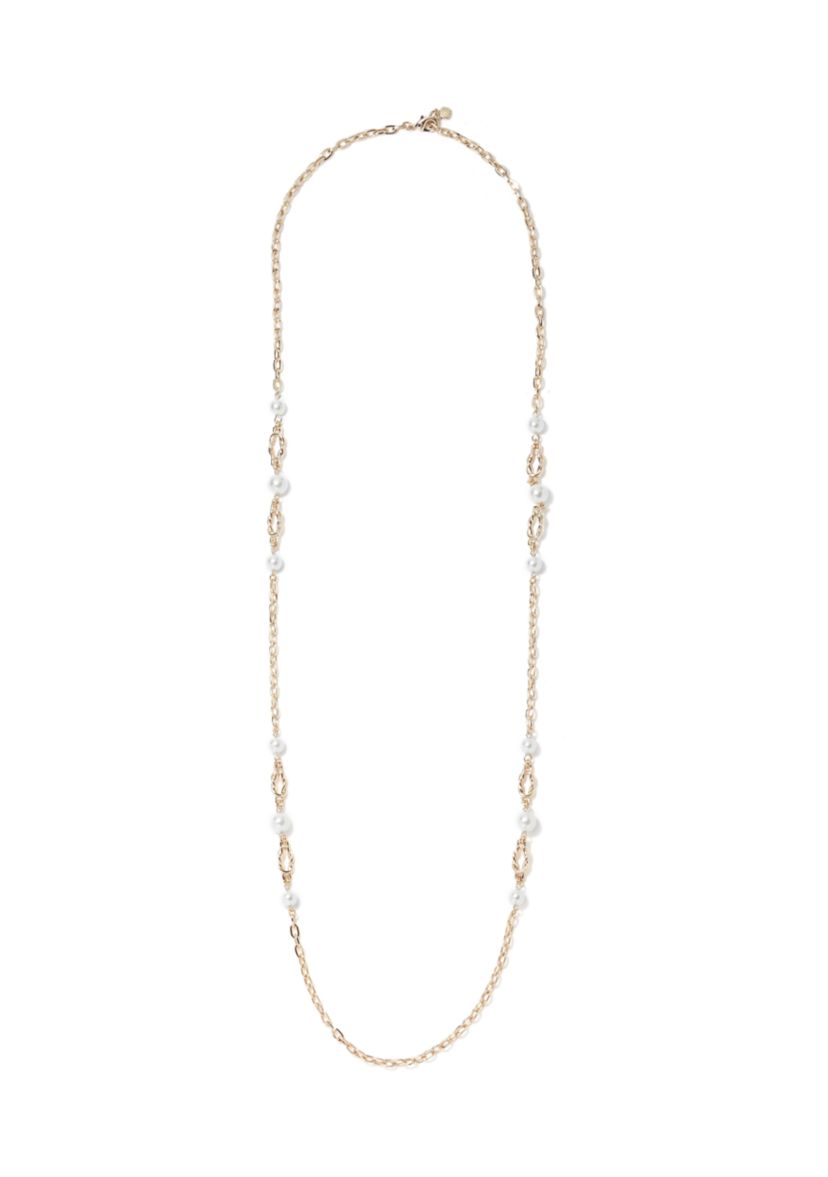 Gold Tone Pearl Link Strandage Necklace