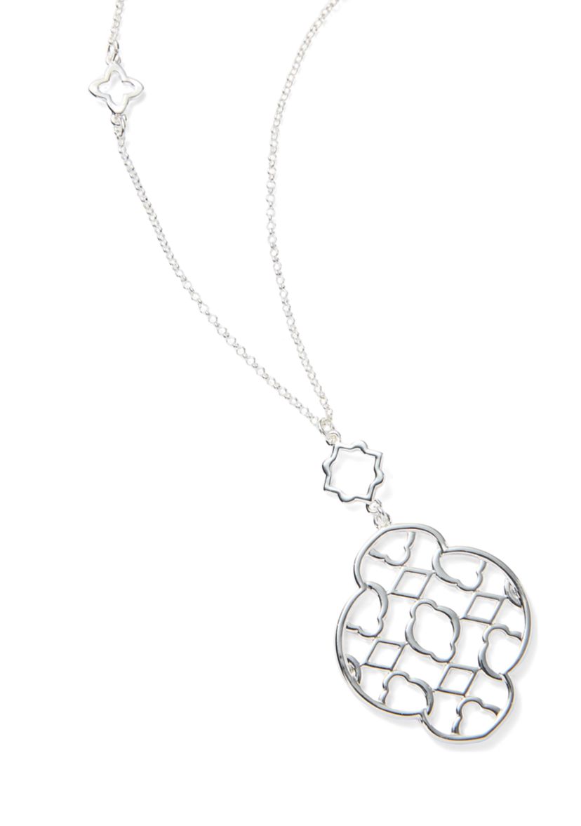 Silver Tone Open Station Pendant Strand Necklace