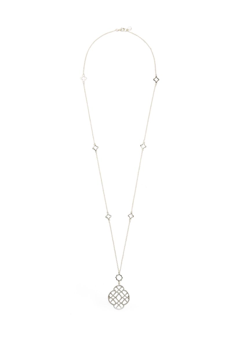 Silver Tone Open Station Pendant Strand Necklace