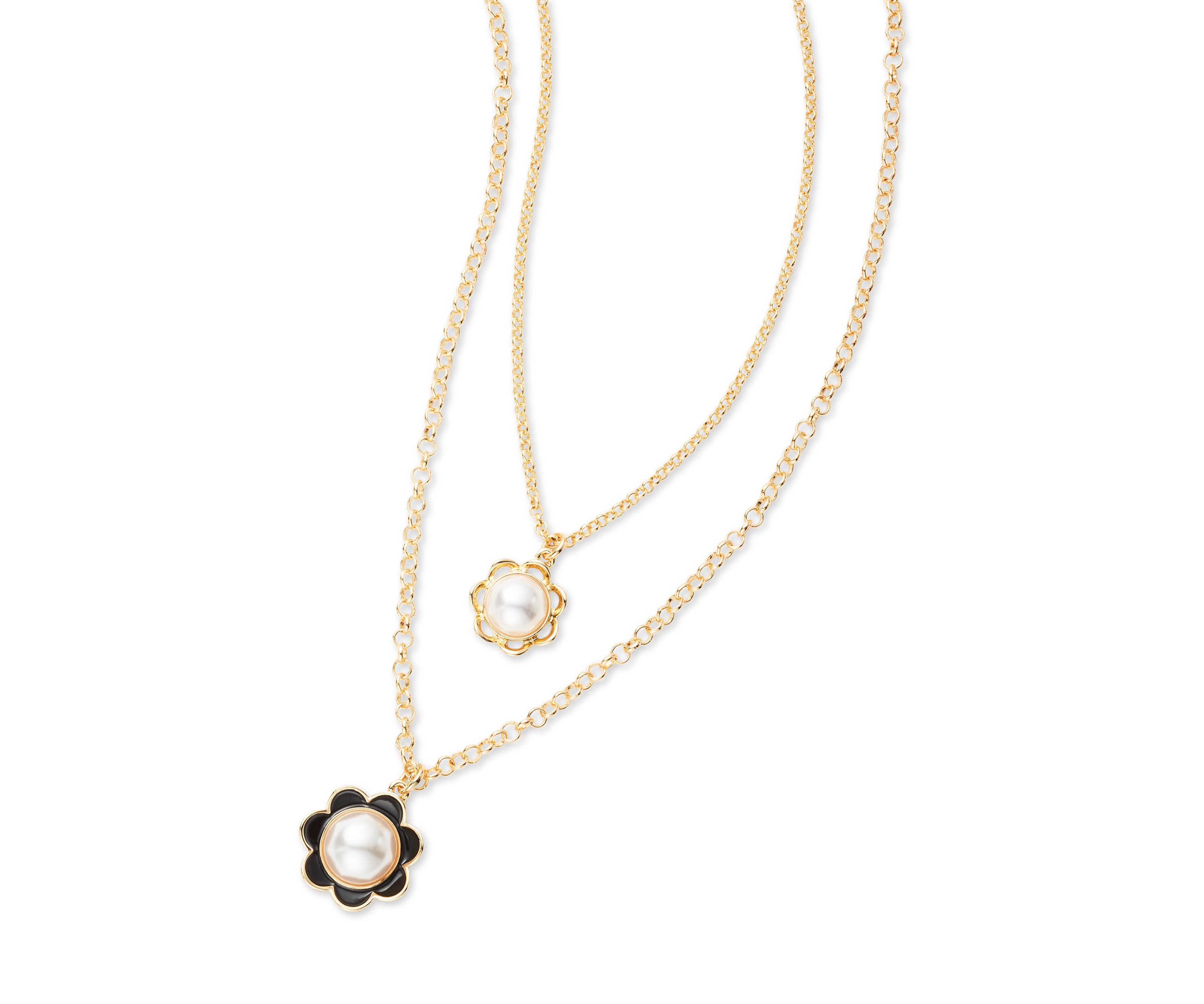 Gold Tone Double Flower Pendant Multi Row Necklace