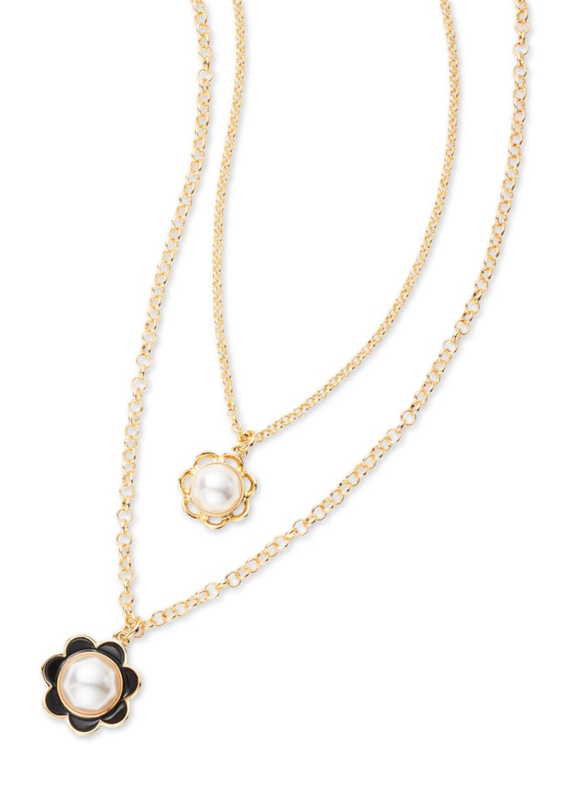 Gold Tone Double Flower Pendant Multi Row Necklace