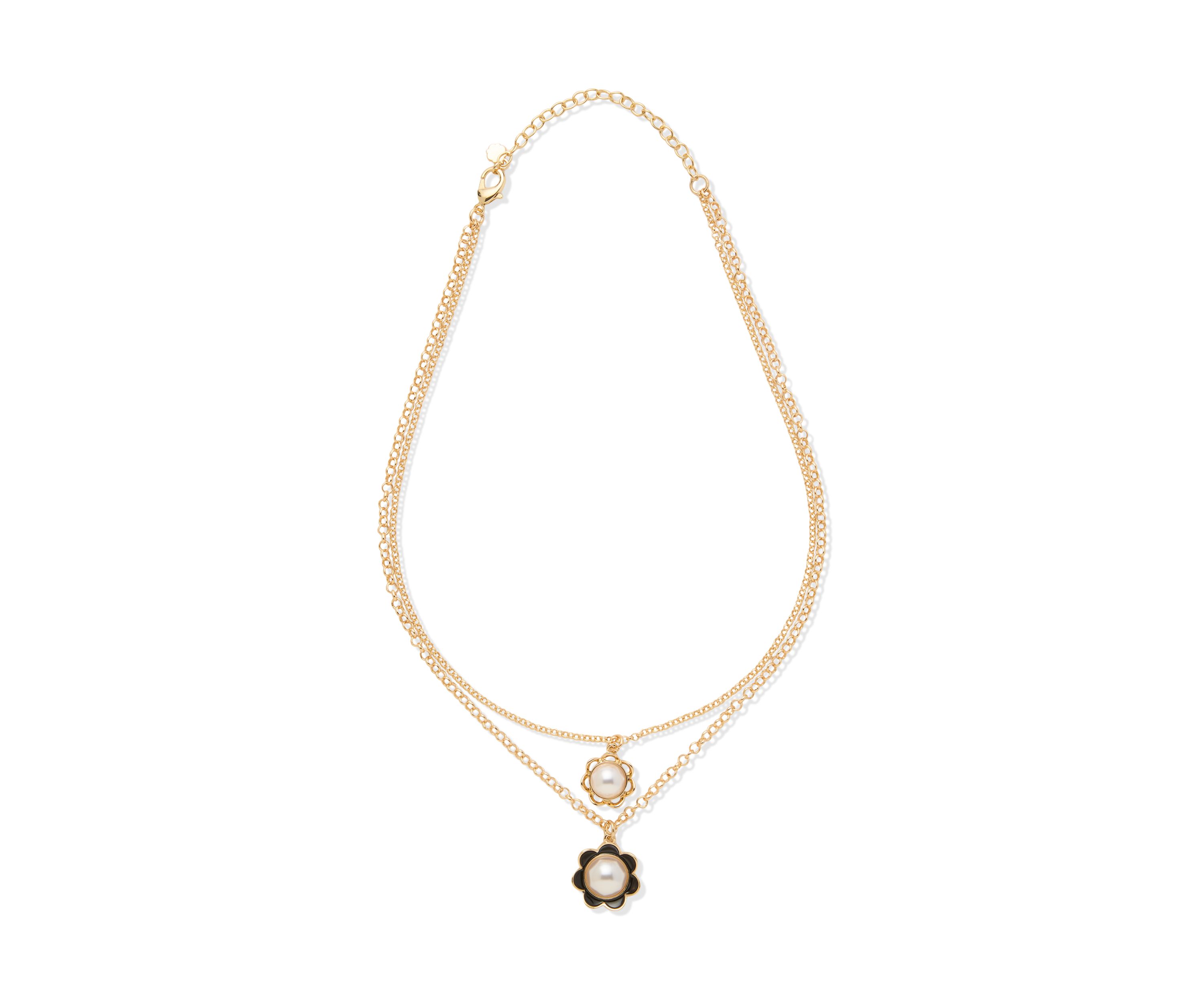 Gold Tone Double Flower Pendant Multi Row Necklace