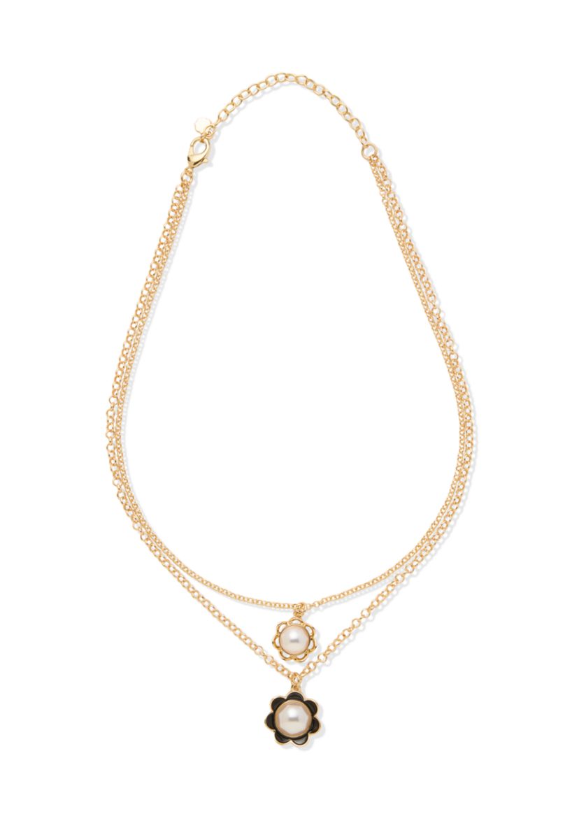 Gold Tone Double Flower Pendant Multi Row Necklace
