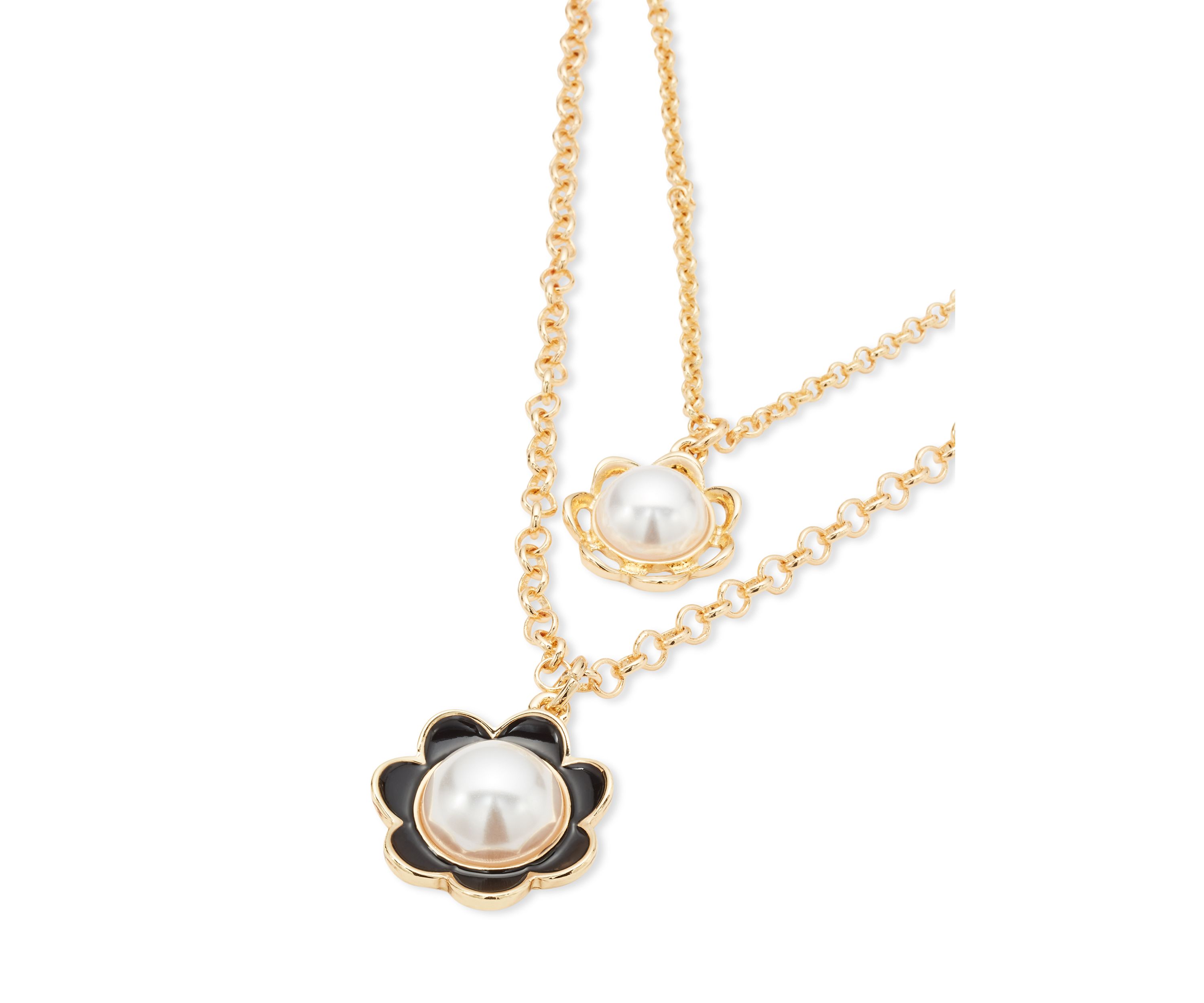 Gold Tone Double Flower Pendant Multi Row Necklace