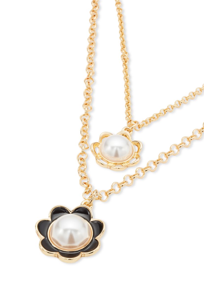 Gold Tone Double Flower Pendant Multi Row Necklace