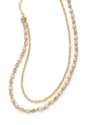 Crown & Ivy Gold Tone Crystal Pearl and Chain Multirow Necklace