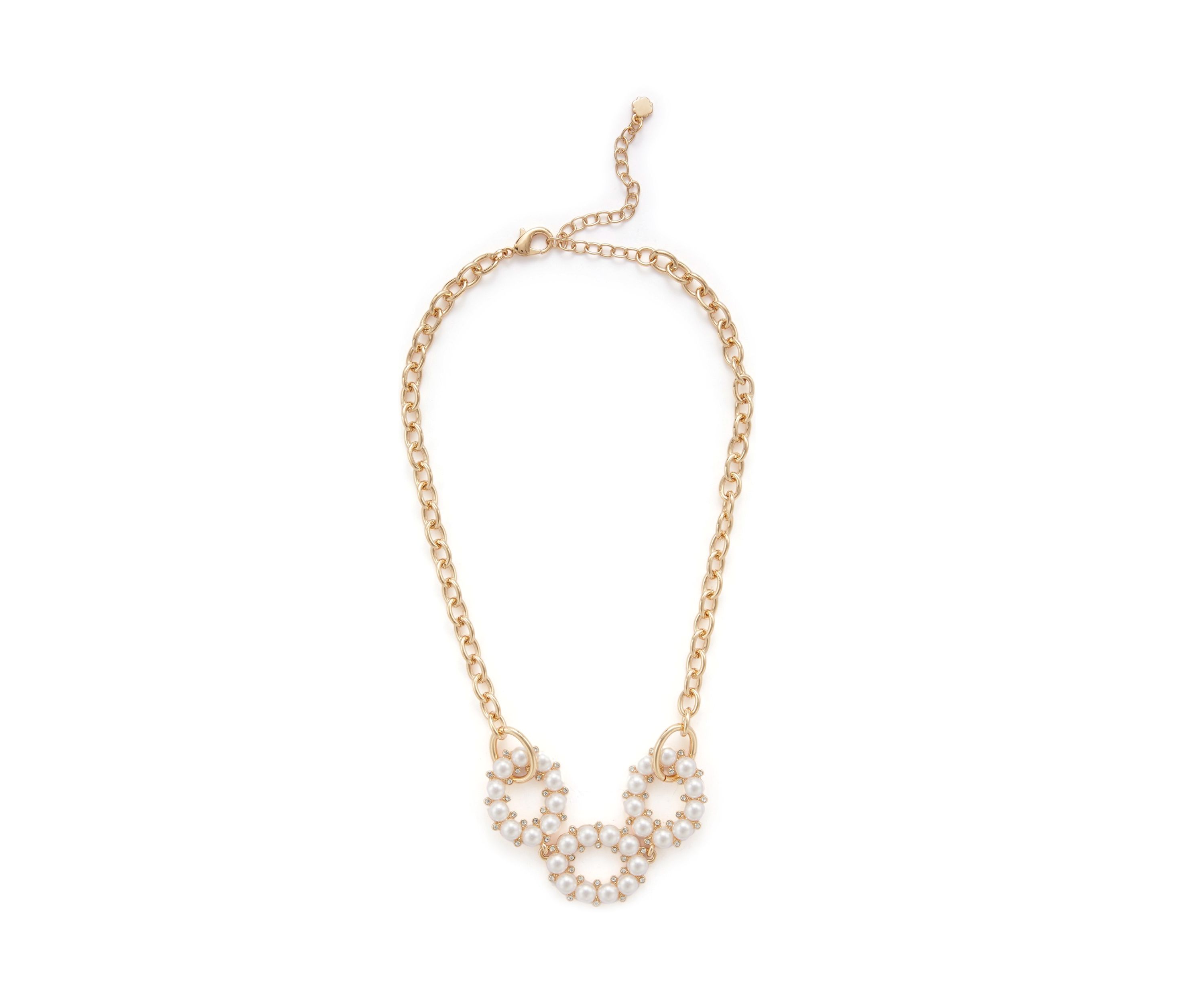 Gold Tone White Round Pearl Link Frontal Necklace