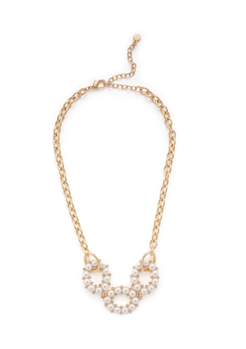 Gold Tone White Round Pearl Link Frontal Necklace