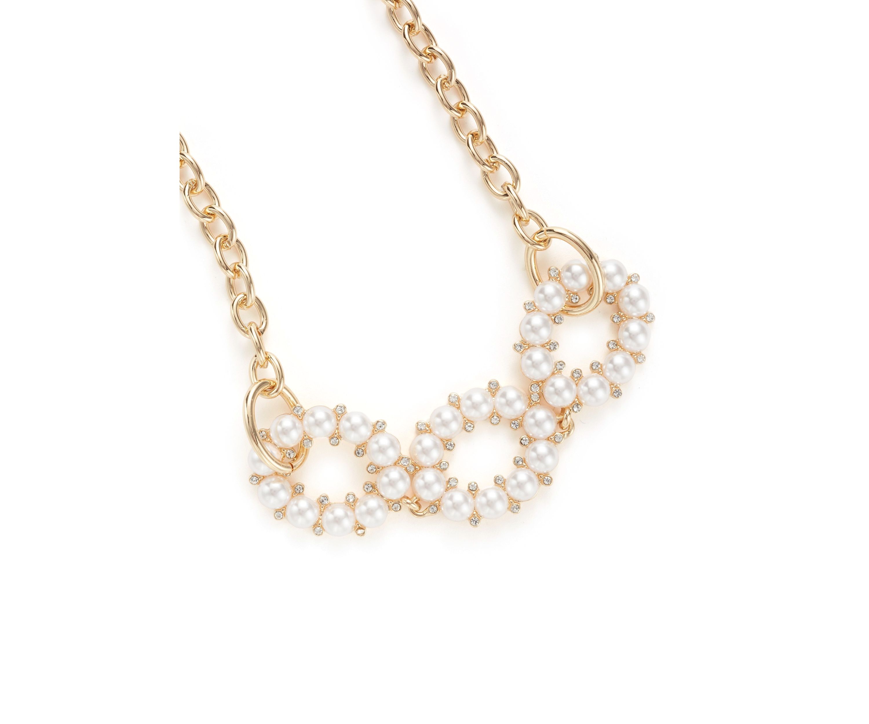 Gold Tone White Round Pearl Link Frontal Necklace