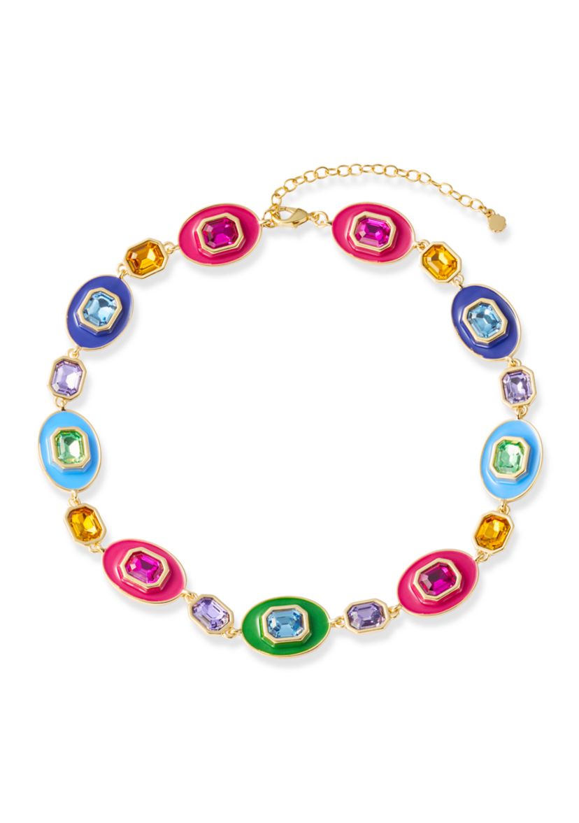 Gold Tone Multi Stone Enamel Statement Necklace