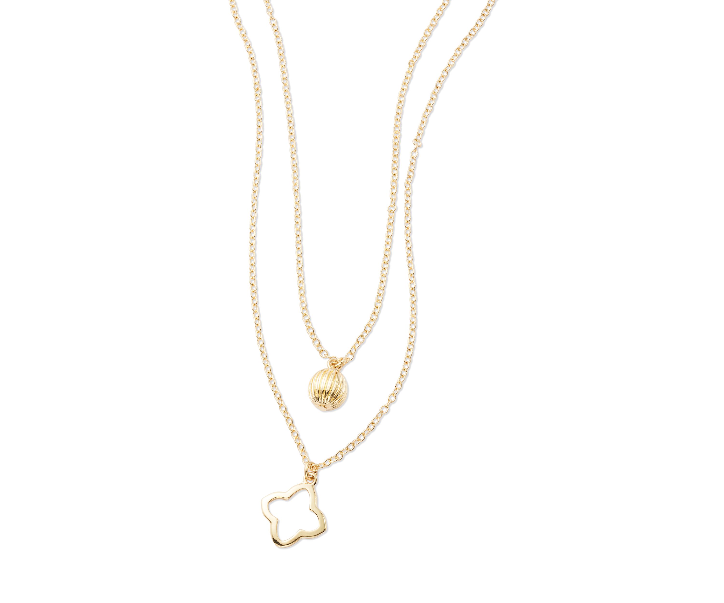 Gold Tone Open Quatrefoil and Bead Multirow Pendant Necklace