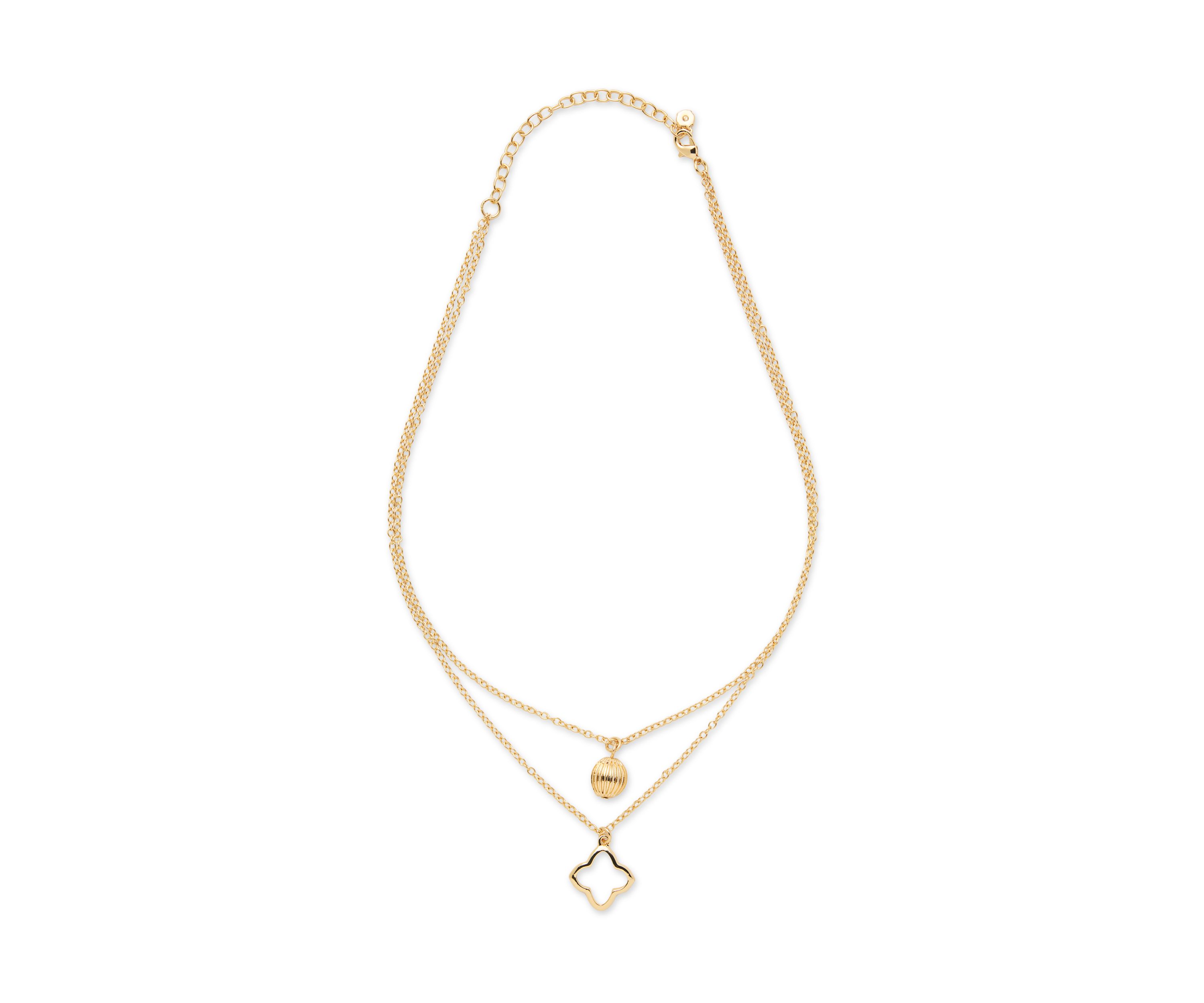 Gold Tone Open Quatrefoil and Bead Multirow Pendant Necklace
