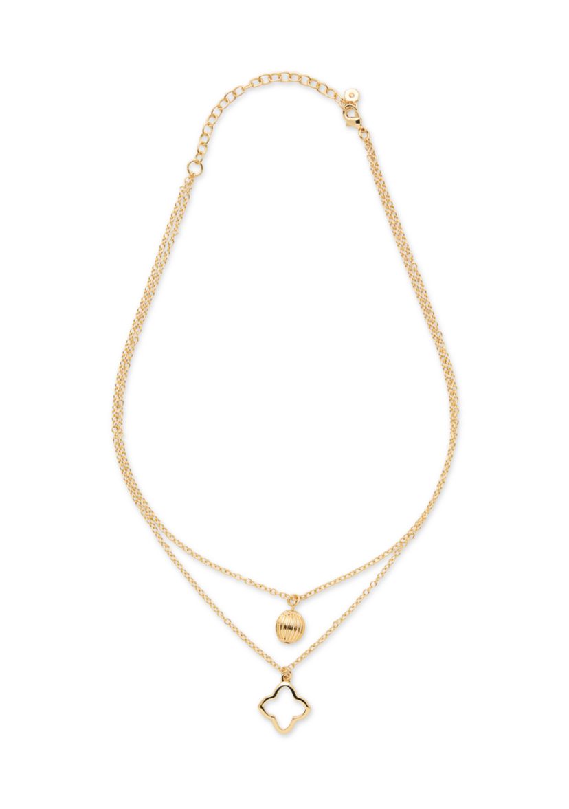 Gold Tone Open Quatrefoil and Bead Multirow Pendant Necklace