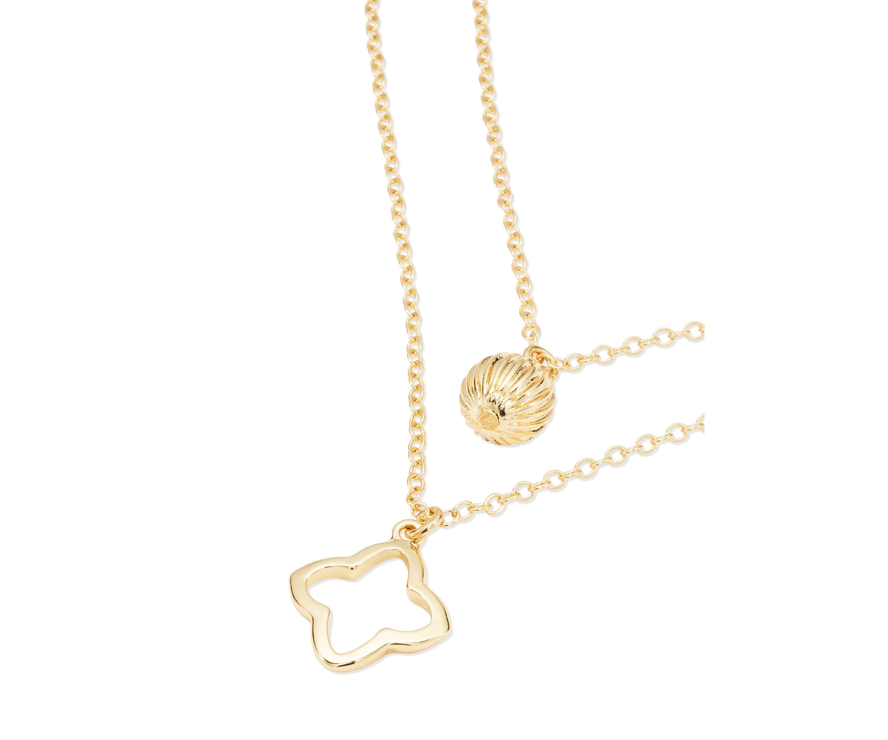 Gold Tone Open Quatrefoil and Bead Multirow Pendant Necklace