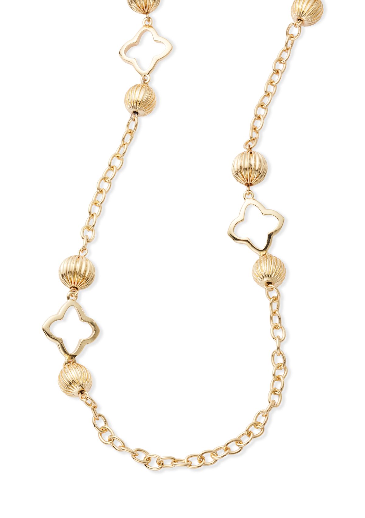 Gold Tone Open Quatrefoil Long Textured Bead Strand Necklace