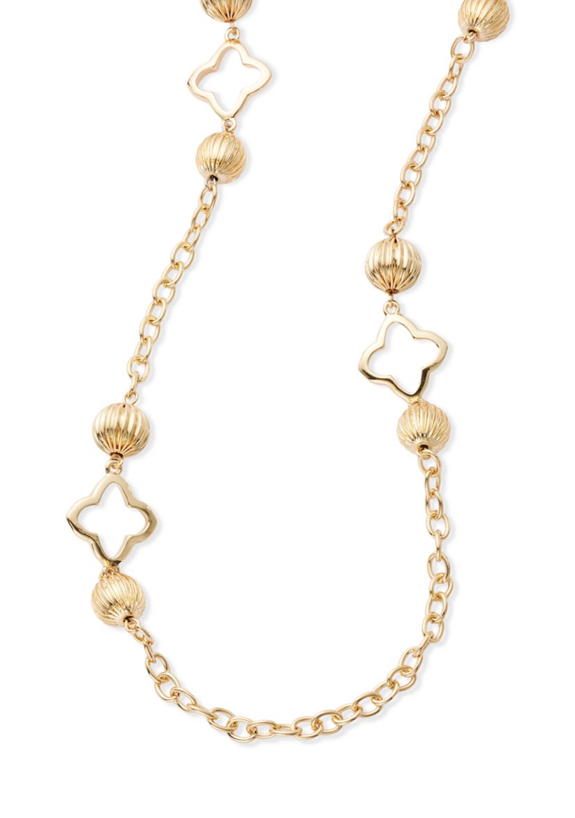 Gold Tone Open Quatrefoil Long Textured Bead Strand Necklace