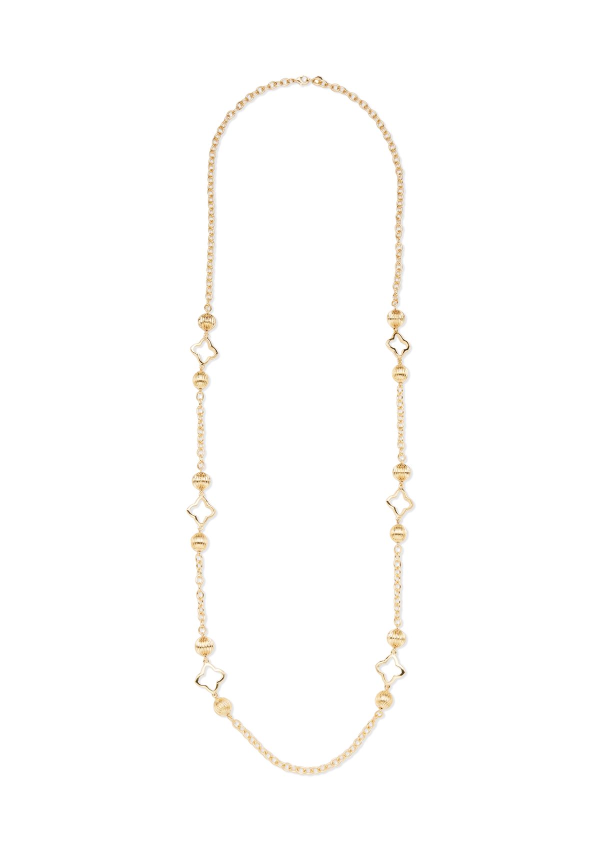 Gold Tone Open Quatrefoil Long Textured Bead Strand Necklace