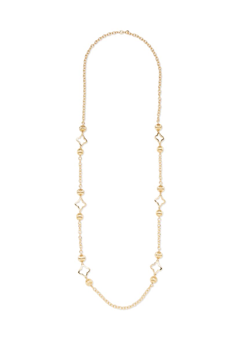 Gold Tone Open Quatrefoil Long Textured Bead Strand Necklace