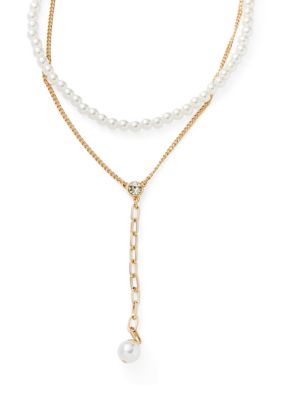 Crown & Ivy Pearl Layered Crystal Y-Necklace, 18 in