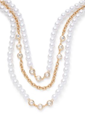 Crown & Ivy Gold Tone Pearl Station Multi-Row Necklace