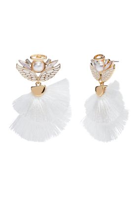 Gold Tone Pearl and Tassel Angel Earrings