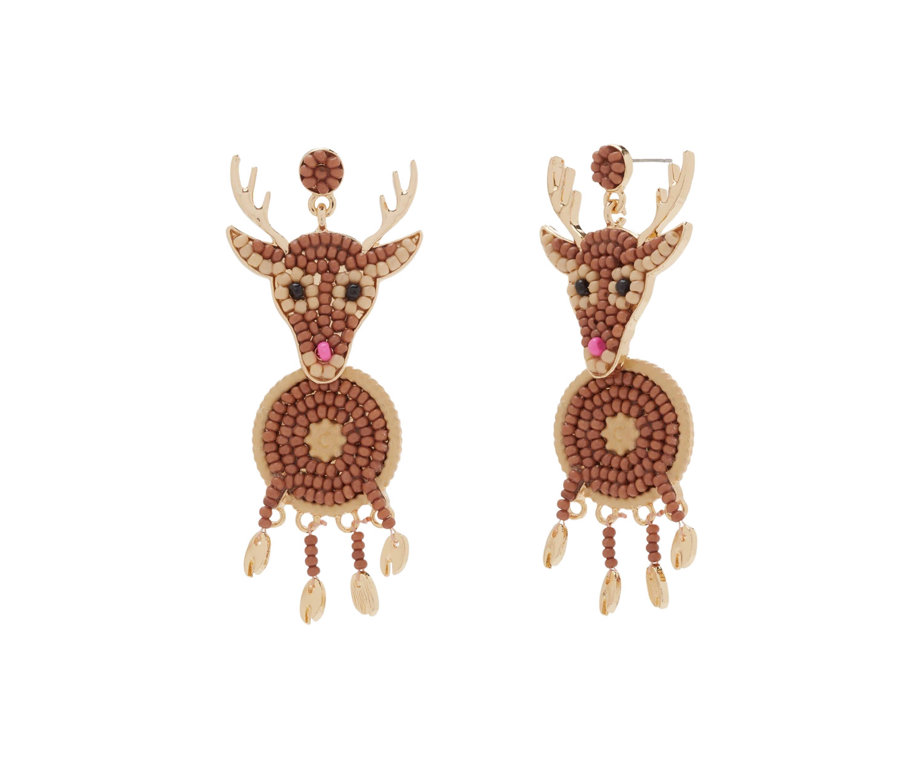 Gold Tone Beaded Reindeer Earrings